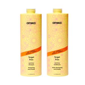 Amika forget frizz shampoo + conditioner liter bundle, 1000ml | smoothing, humidity protection, up to 72 hour frizz control + lightweight hydration, for medium to thick coarse hair types 2a-4c(33.8oz – bundle)