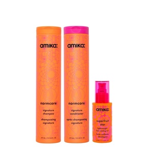Amika superfruit strands full size bundle | full size normcore shampoo + conditioner & superfruit star lightweight hair styling + heat defense oil